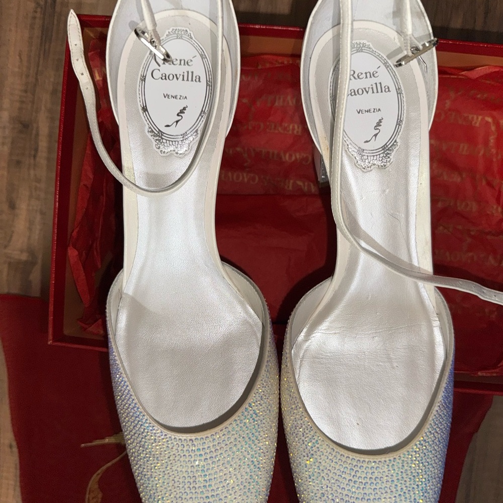 Rene Caovilla Silver Heels with Ankle Strap and Glitter Finish